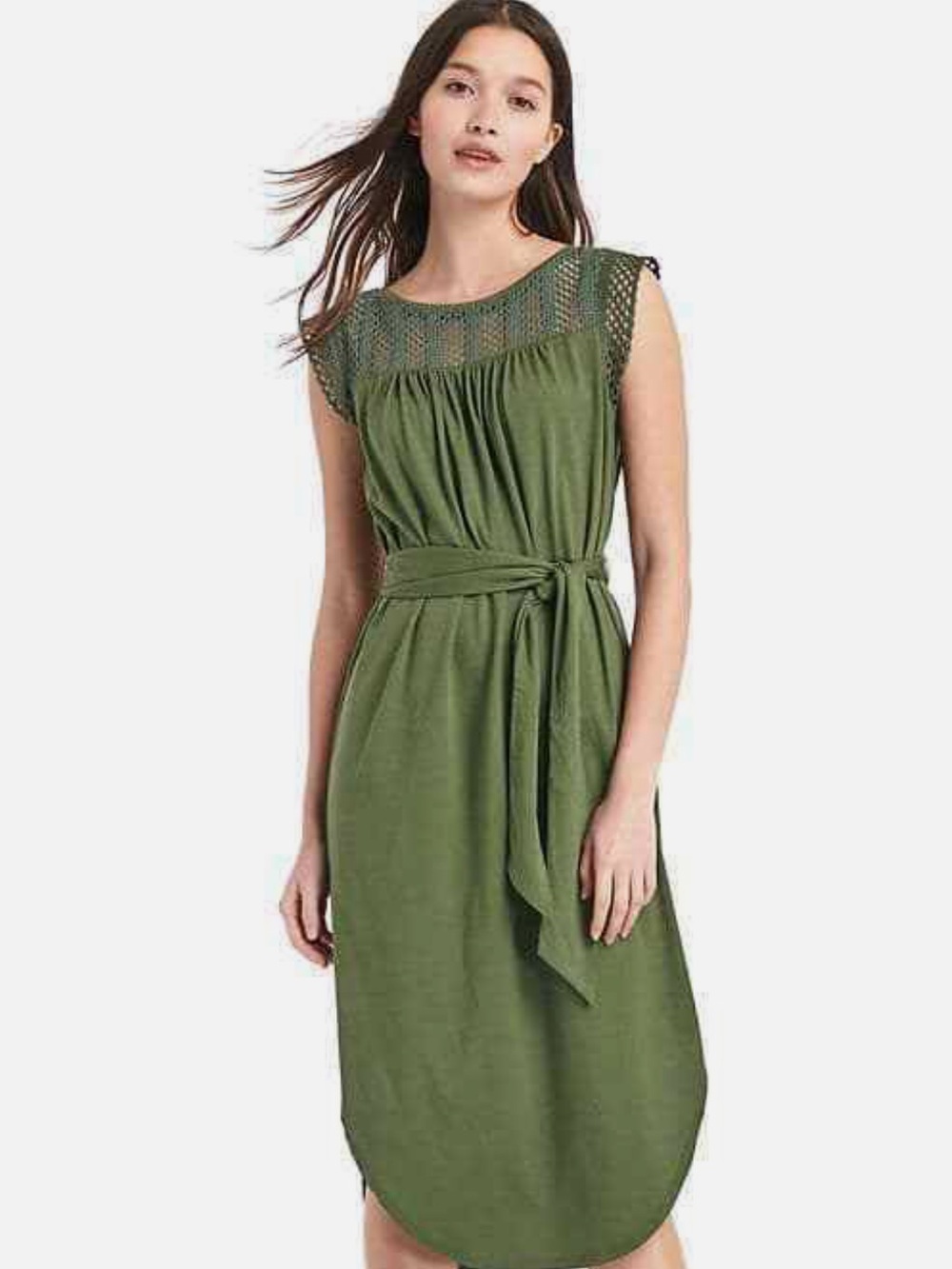 GAP Olive Crochet-Yoke Midi Dress with Waist Tie